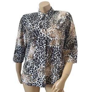 ALIA Womens Petite Size 12P Animal Print 3/4 Sleeve Button Front Collared Shirt
